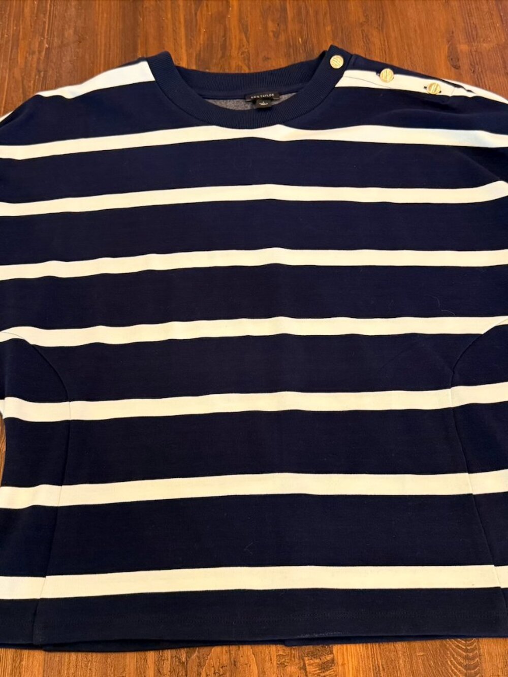 Ann Taylor Navy White Stripe Ponte Knit Top Elbow Sleeve Large